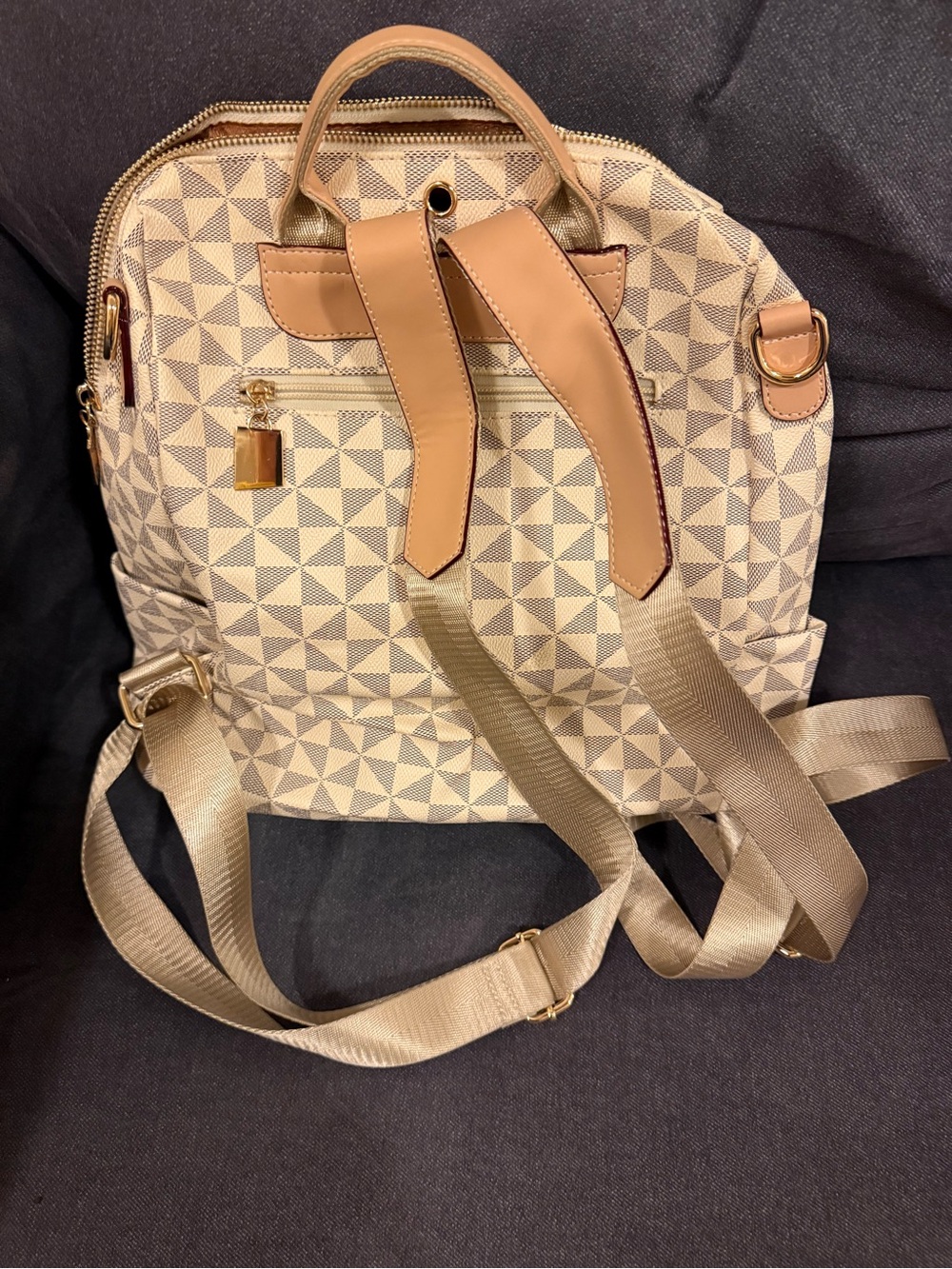 Geometric Pattern Beige & Tan Backpack Handbag - Picture 2 of 5